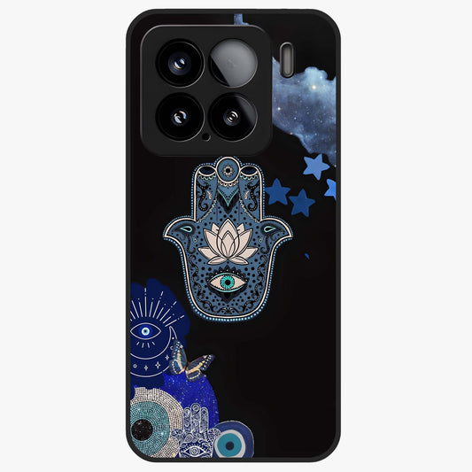 Mystic Hand Aura Glass Case showing flat back view with mystical hand symbol artwork and glossy glass finish.