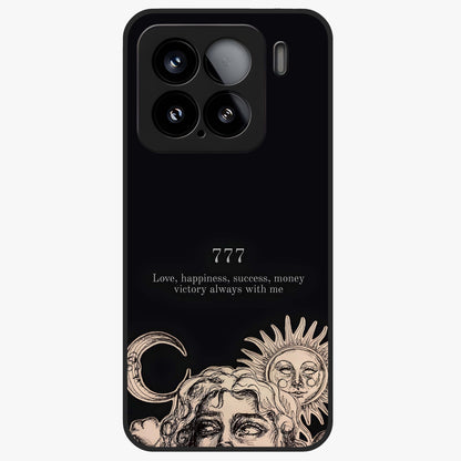 Mystic Victory Aura Glass Case showing flat back view with victory symbol artwork and glossy glass finish.