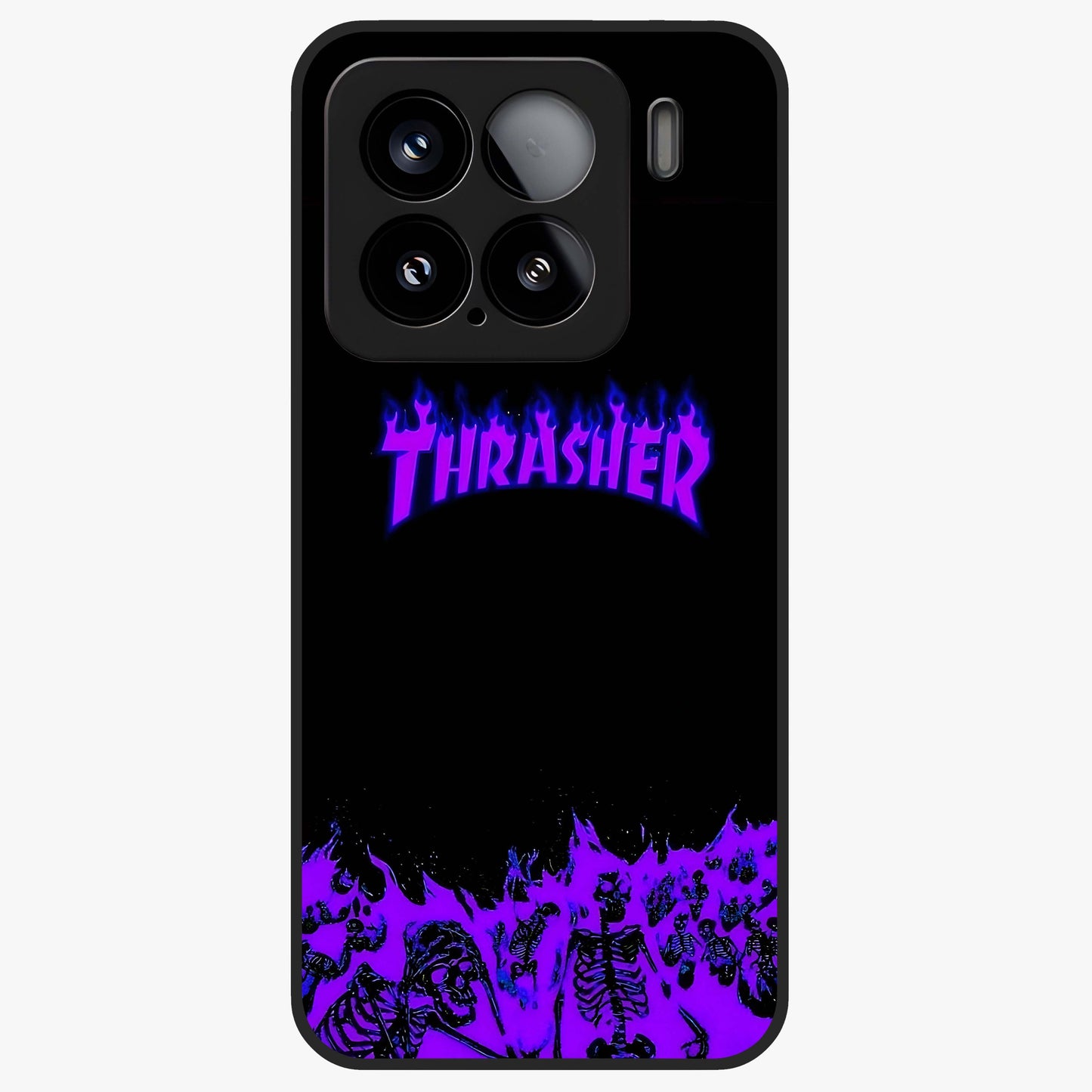 Neon Flame Riot Glass Case showing flat back view with neon flame artwork and glossy glass finish.