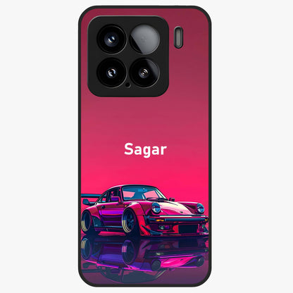 Neon Pink Porsche Glass Case showing flat back view with stylish sports car artwork and glossy glass finish.