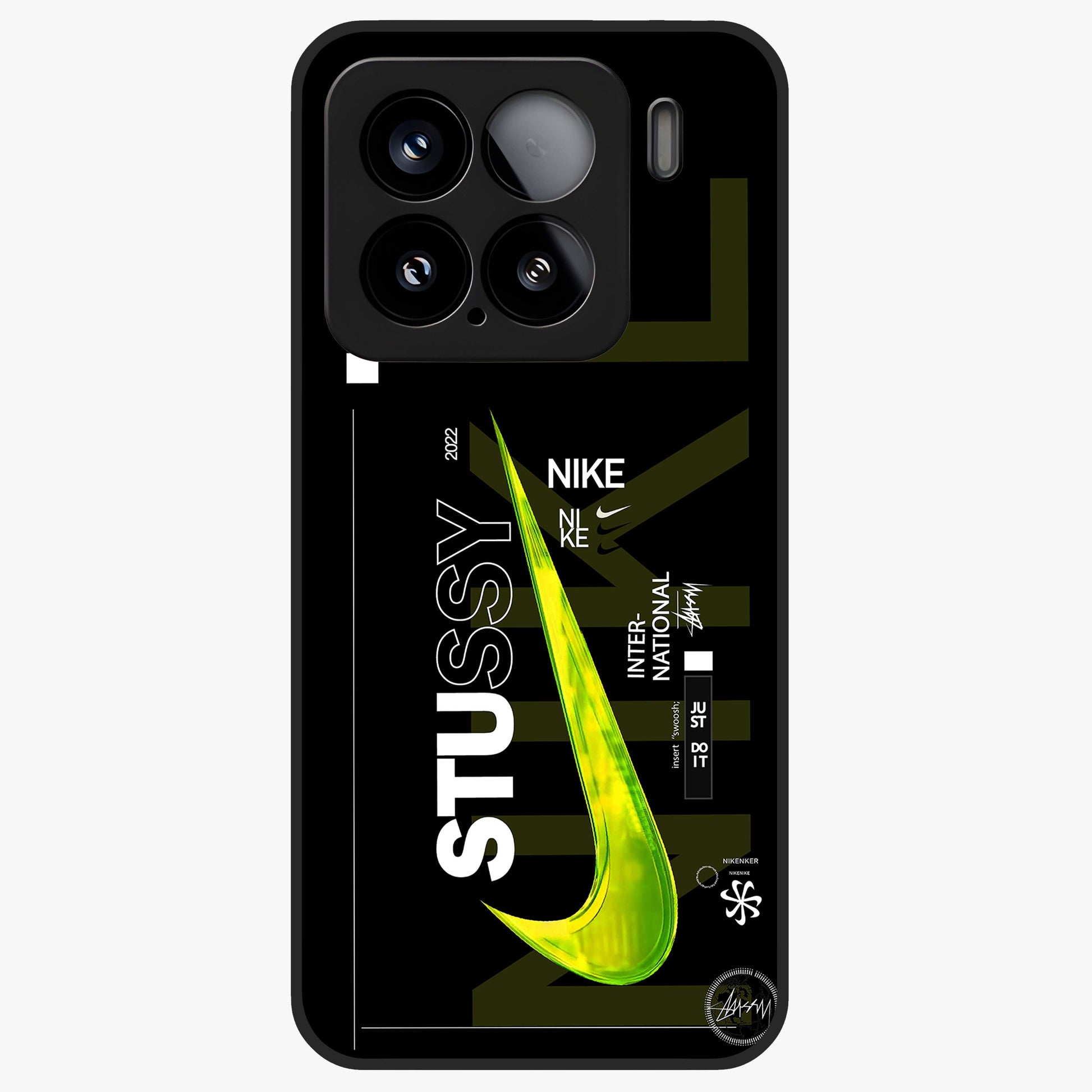 Neon Street Edition Glass Case showing flat back view with neon street style artwork and glossy glass finish.
