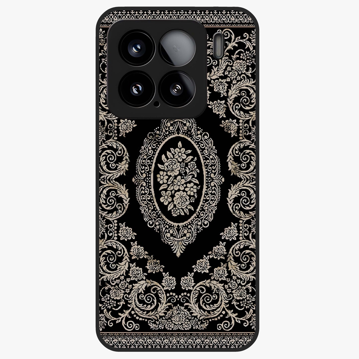Noir Bloom Elegance Glass Case showing flat back view with elegant dark floral artwork and glossy glass finish.