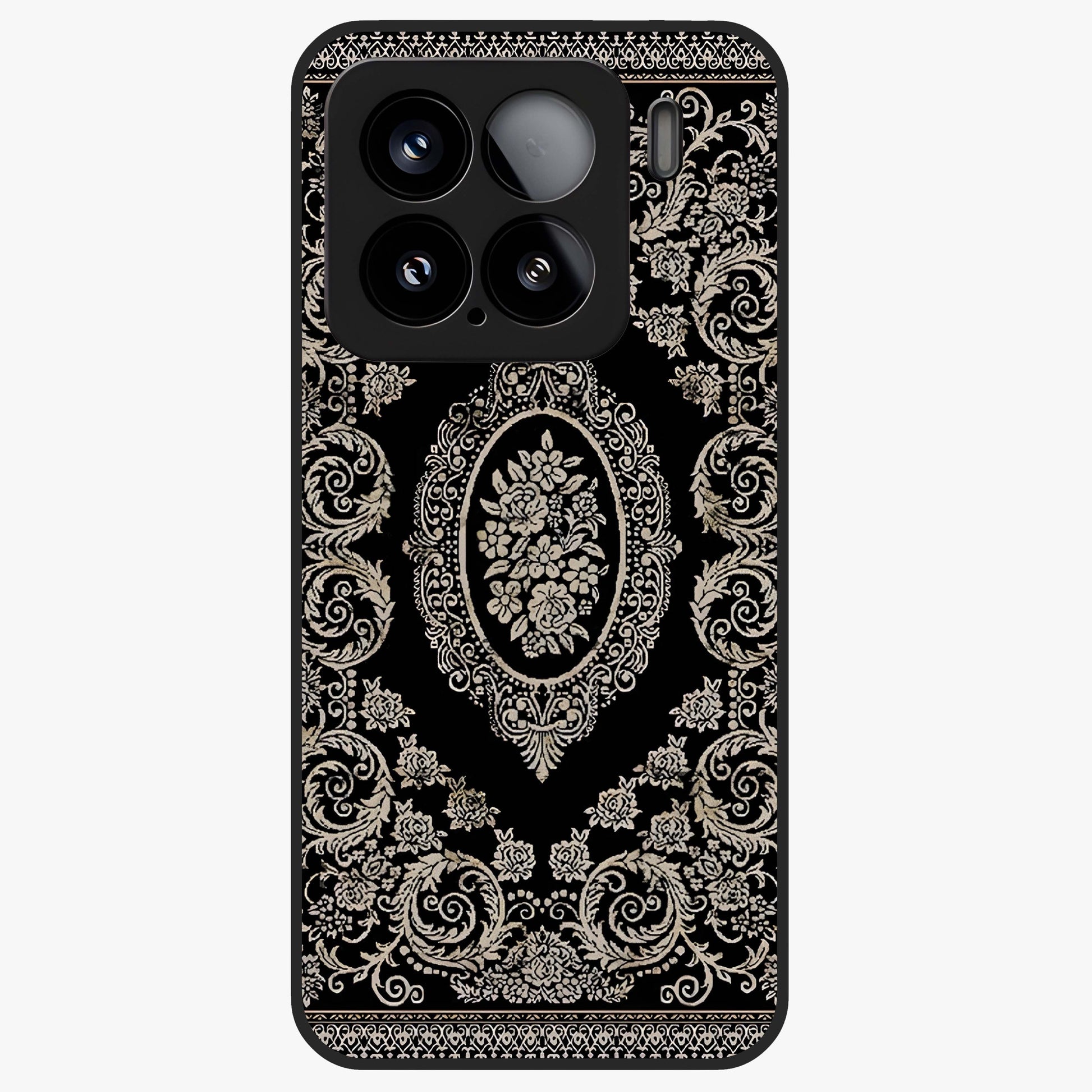 Noir Bloom Elegance Glass Case showing flat back view with elegant dark floral artwork and glossy glass finish.
