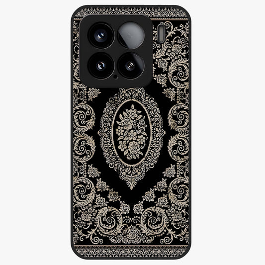 Noir Bloom Elegance Glass Case showing flat back view with elegant dark floral artwork and glossy glass finish.