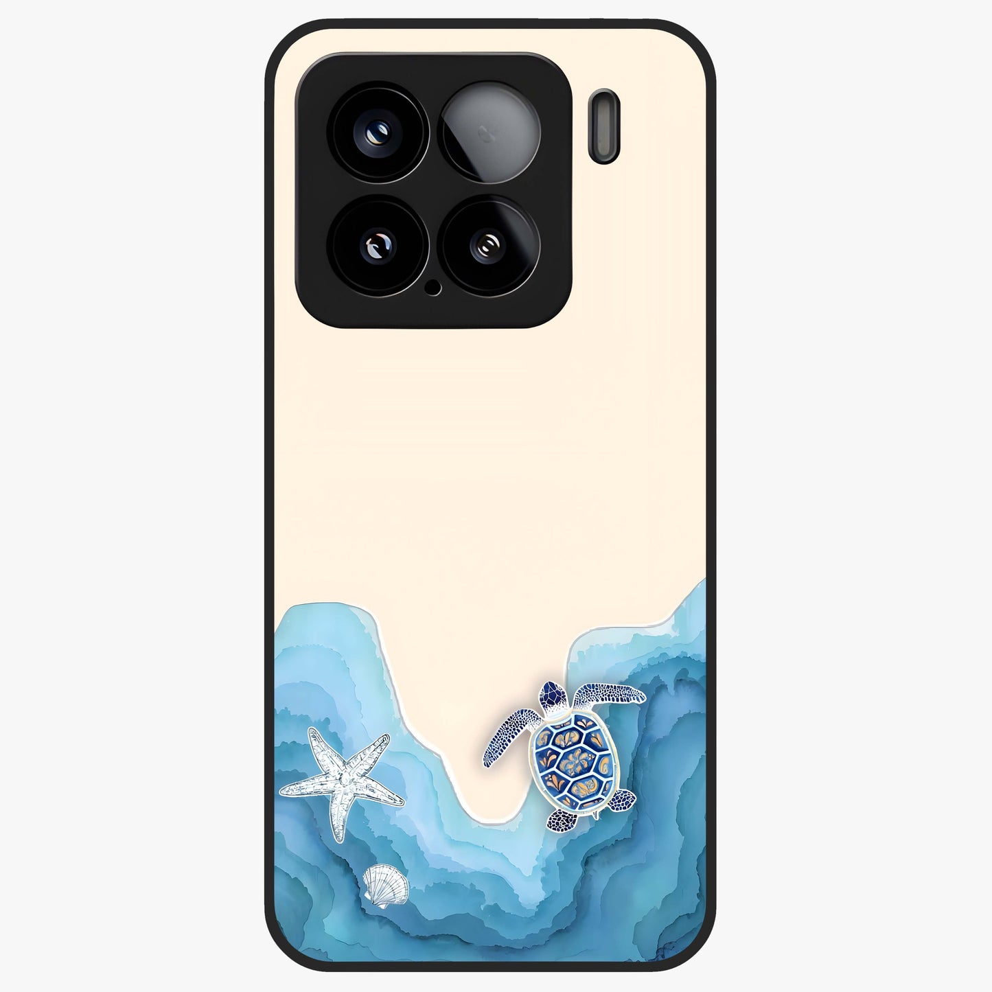 Ocean Drift Turtle Glass Case showing flat back view with sea turtle artwork and glossy glass finish.