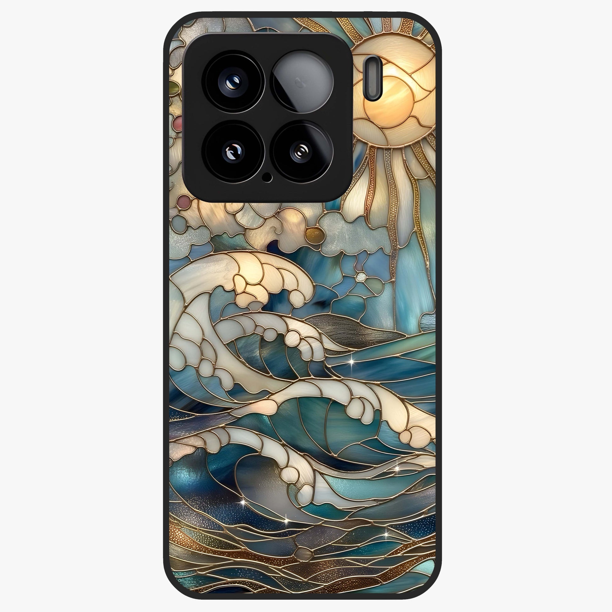 Oceanic Stained Printed Glass Case showing flat back view with ocean inspired stained pattern artwork and glossy glass finish.