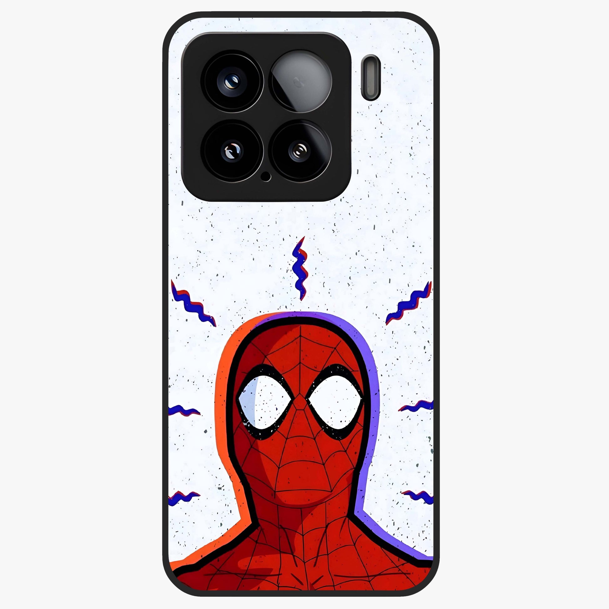 Omg Spiderman Glass Case showing flat back view with bold superhero inspired artwork and glossy glass finish.