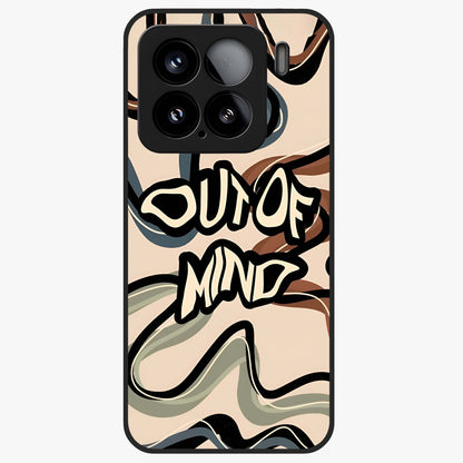 Out Of Mind Glass Case showing flat back view with expressive typography artwork and glossy glass finish.