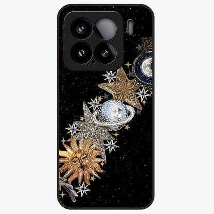 Pearls Universe Object Glass Case showing flat back view with pearl inspired cosmic artwork and glossy glass finish.