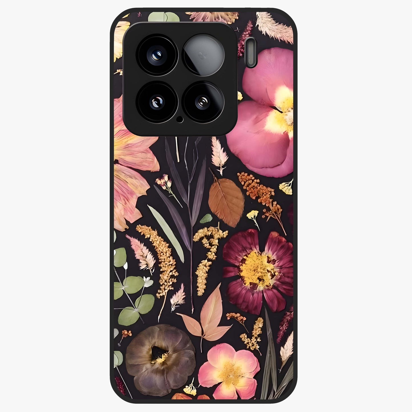 Petal Dream Tapestry Glass Case showing flat back view with intricate floral tapestry artwork and glossy glass finish.