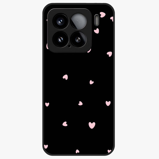 Pink Love Drops Glass Case showing flat back view with playful pink heart drops artwork and glossy glass finish.