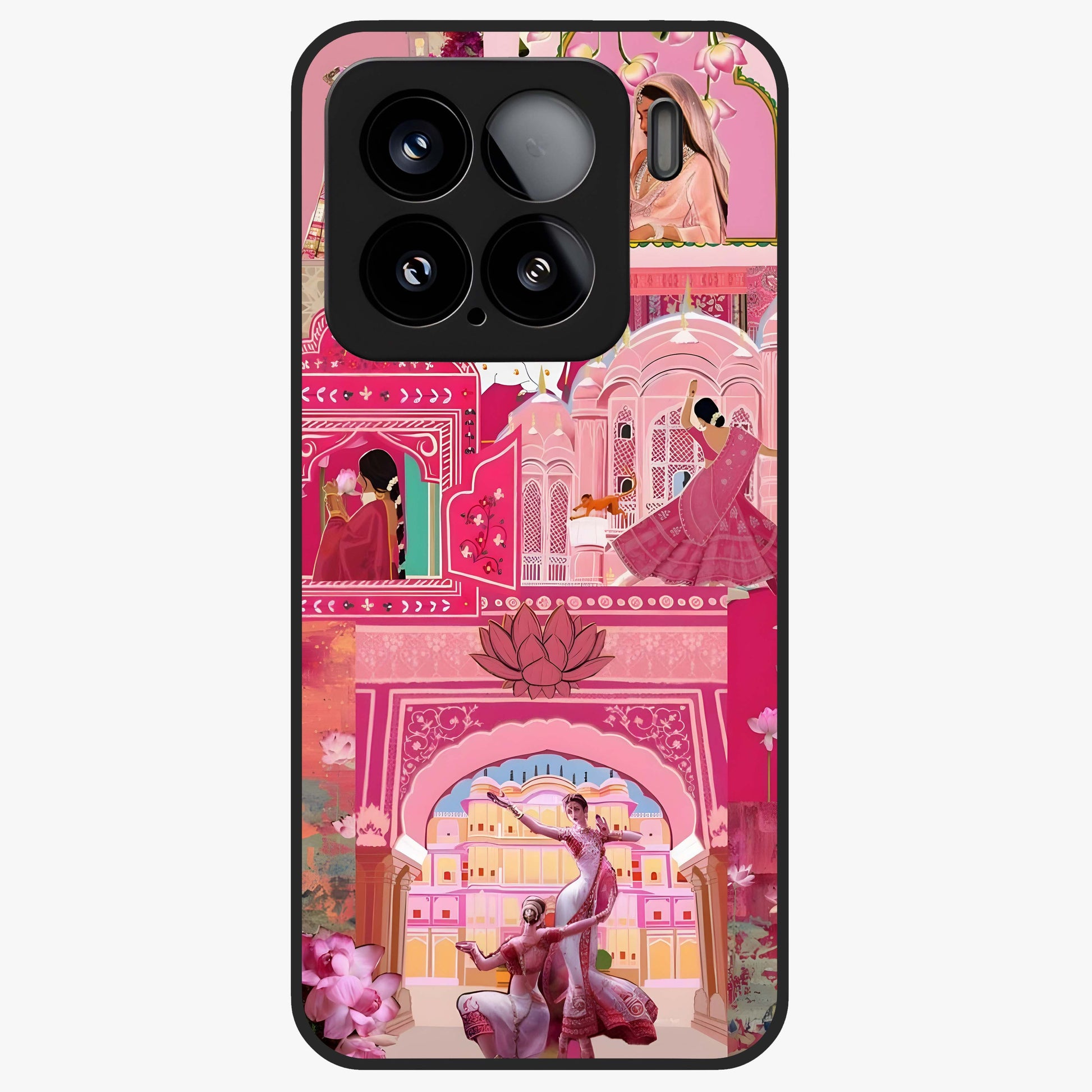 Pink Palace Muse Glass Case showing flat back view with elegant palace inspired artwork and glossy glass finish.