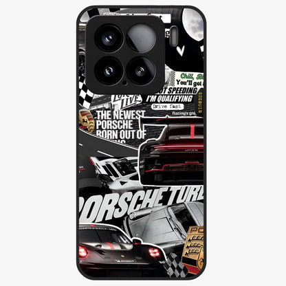 Porsche Racing Collage Glass Case showing flat back view with sports car racing collage artwork and glossy glass finish.
