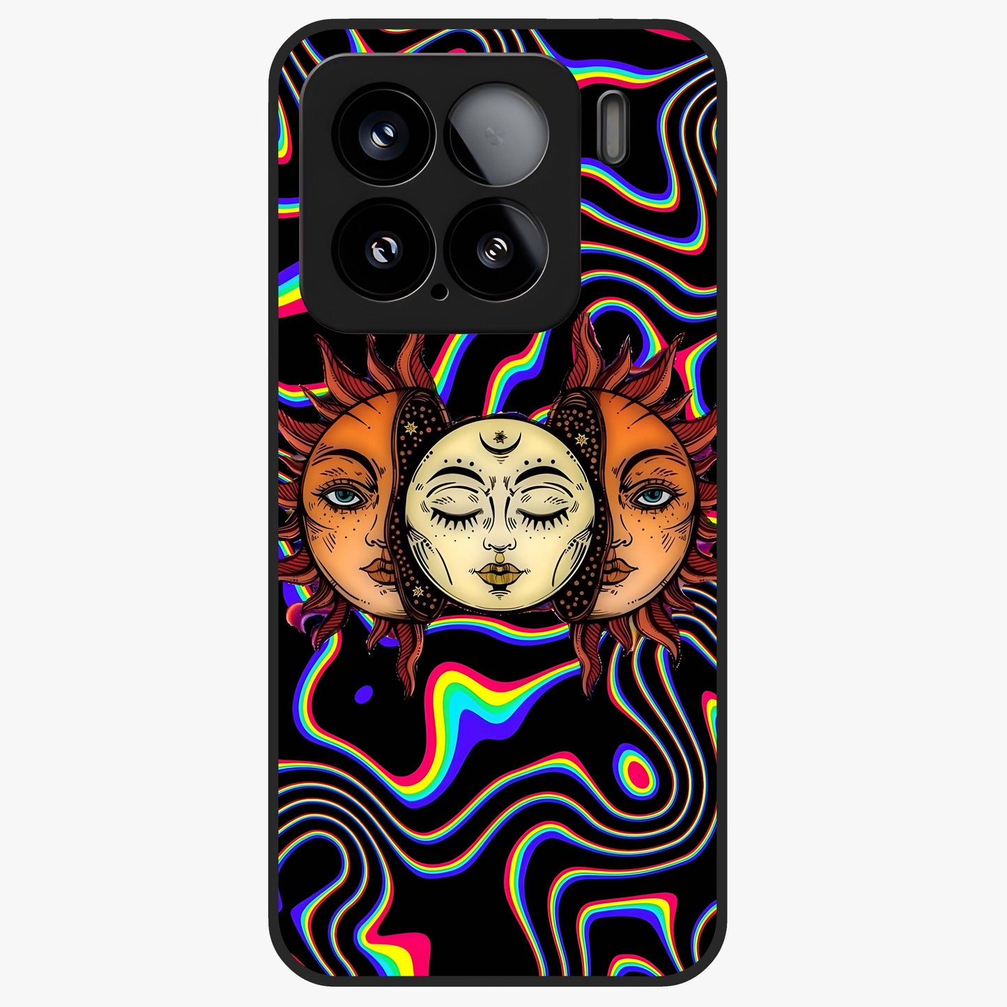 Psychedelic Sun Glass Case showing flat back view with colorful psychedelic sun artwork and glossy glass finish.