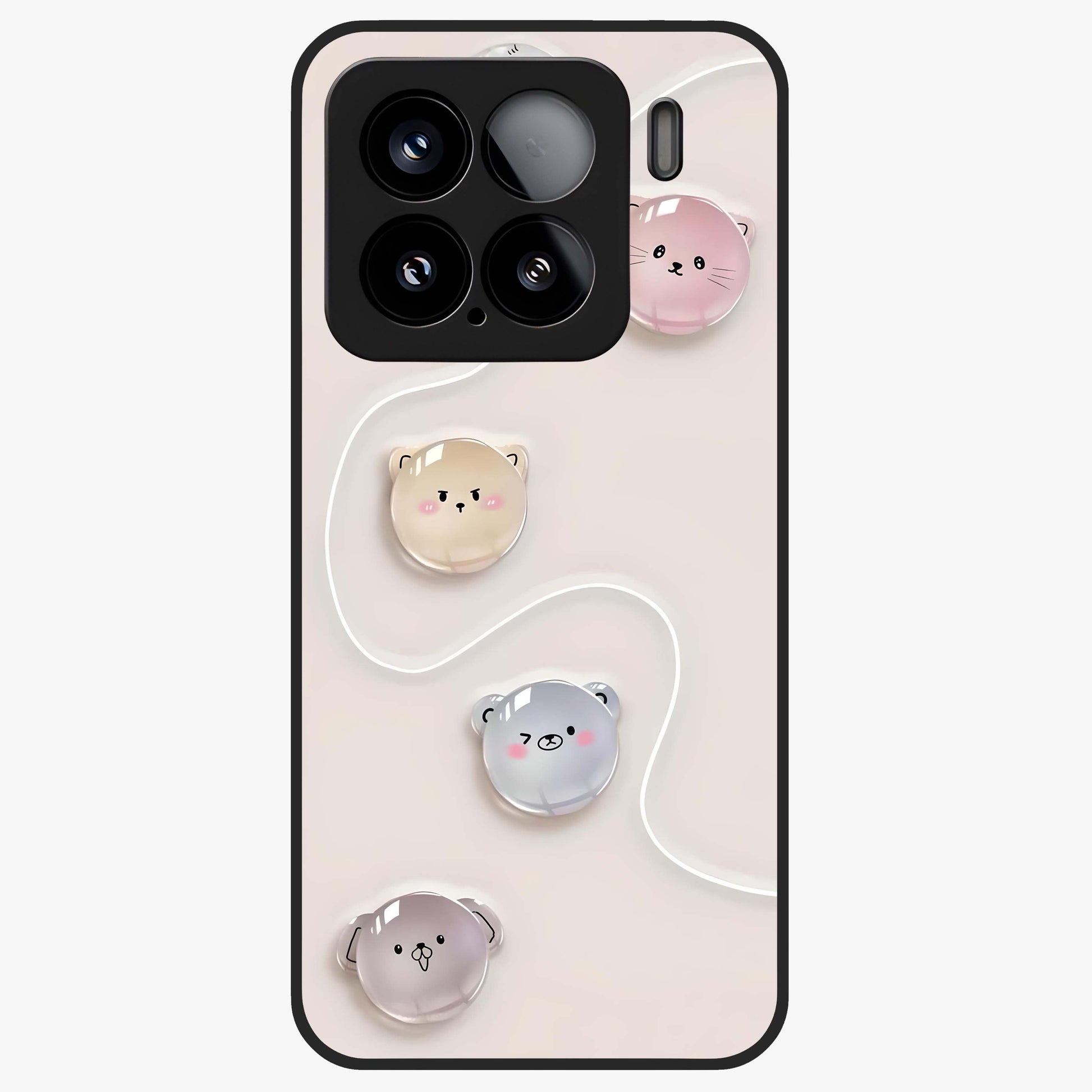 Puffy Face Parade Glass Case showing flat back view with cute puffy character faces artwork and glossy glass finish.
