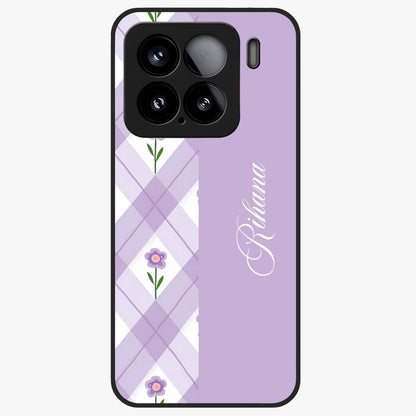 Purple Diamond Floral Glass Case showing flat back view with diamond shaped floral artwork and glossy glass finish.