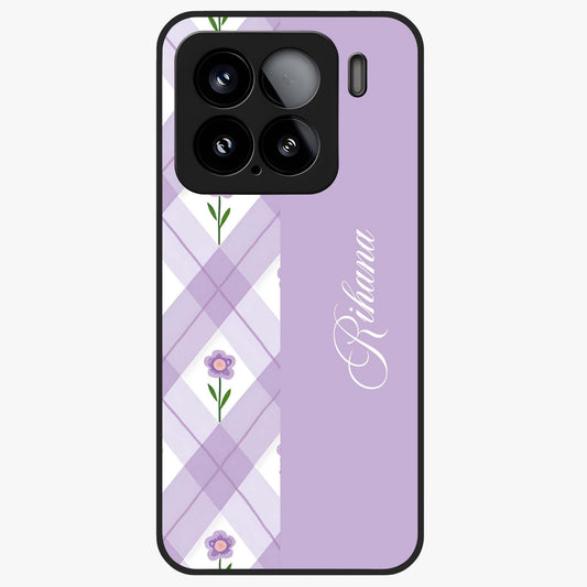 Purple Diamond Floral Glass Case showing flat back view with diamond shaped floral artwork and glossy glass finish.