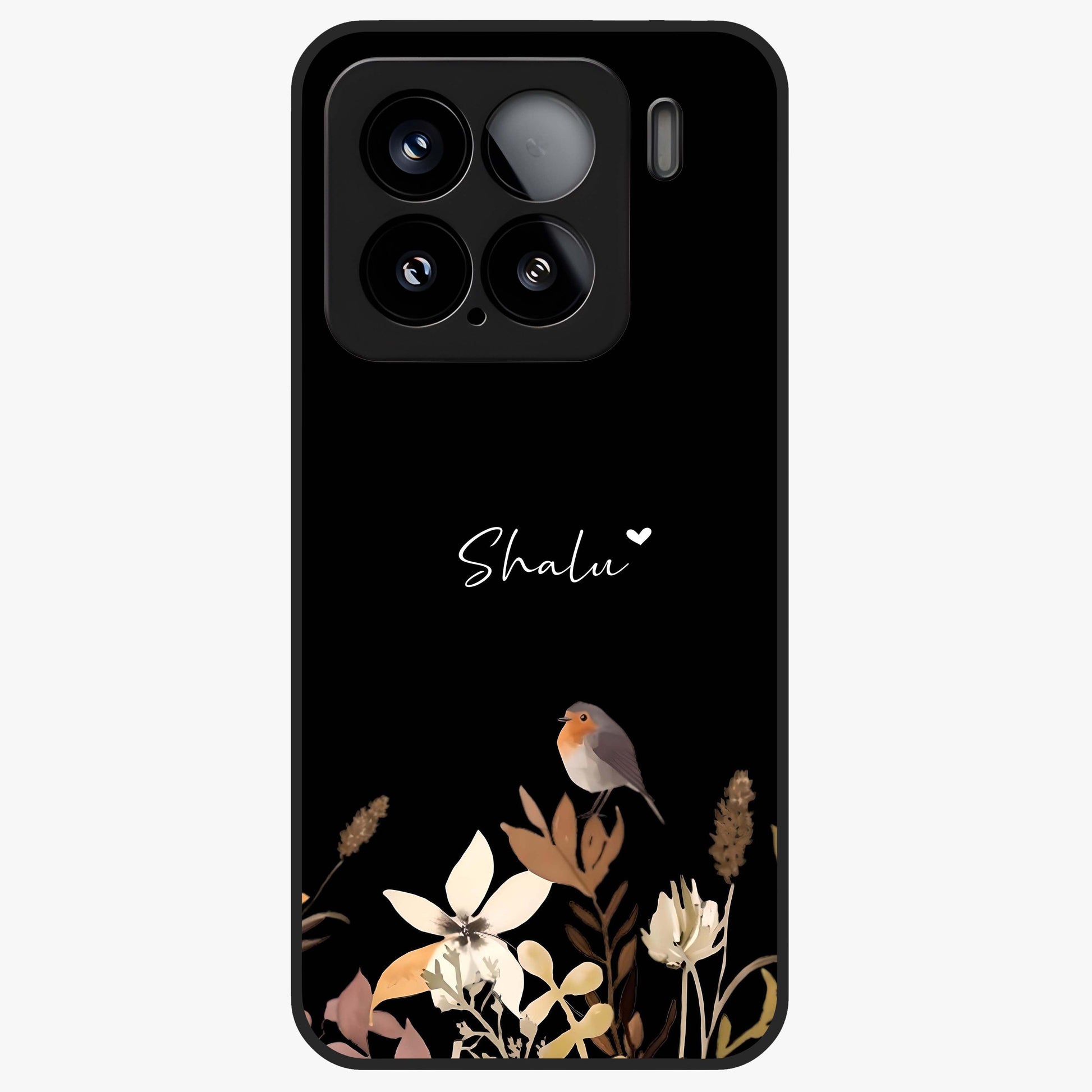 Quiet Garden Tune Custom Name Glass Case showing flat back view with peaceful garden artwork and personalized name design.