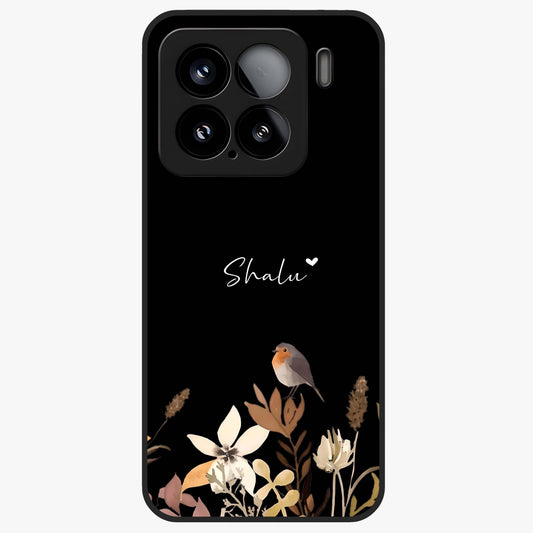 Quiet Garden Tune Custom Name Glass Case showing flat back view with peaceful garden artwork and personalized name design.