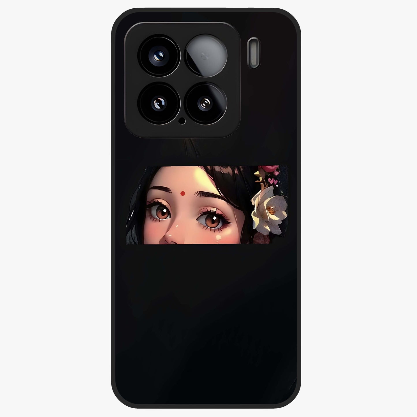 Radha Divine Embrace Glass Case showing flat back view with devotional Radha artwork and glossy glass finish.