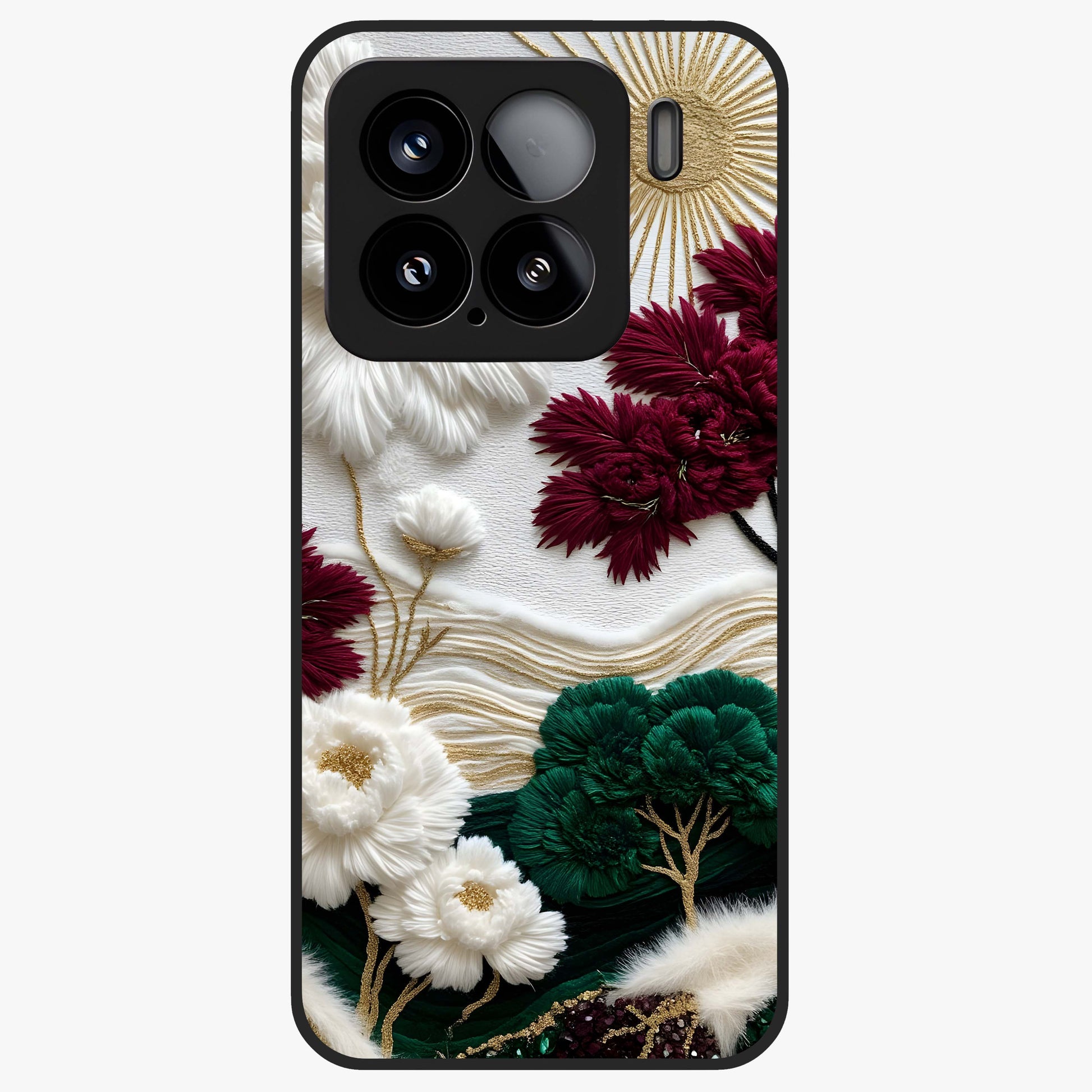 Radiant Bloom Elegance Glass Case showing flat back view with elegant blooming flower artwork and glossy glass finish.