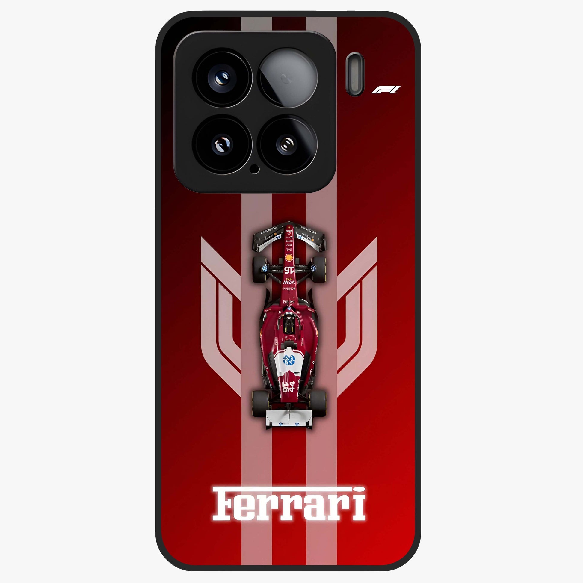 Red Ferrari F1 Vertical Glass Case showing flat back view with sleek Formula racing car artwork and glossy glass finish.