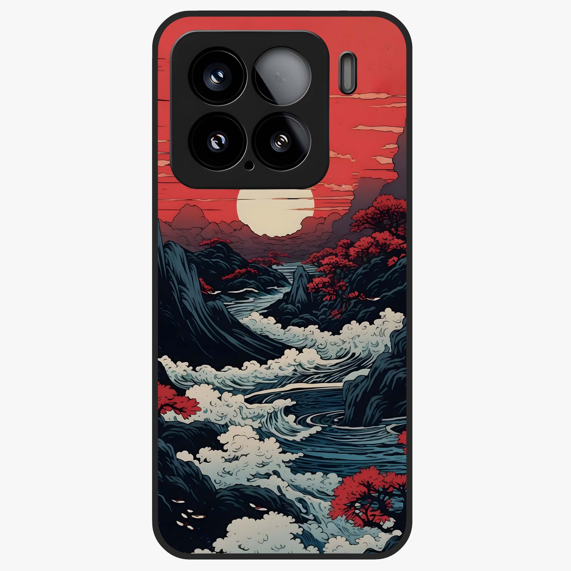 Red Sunset Scenery Glass Case showing flat back view with vibrant sunset landscape artwork and glossy glass finish.