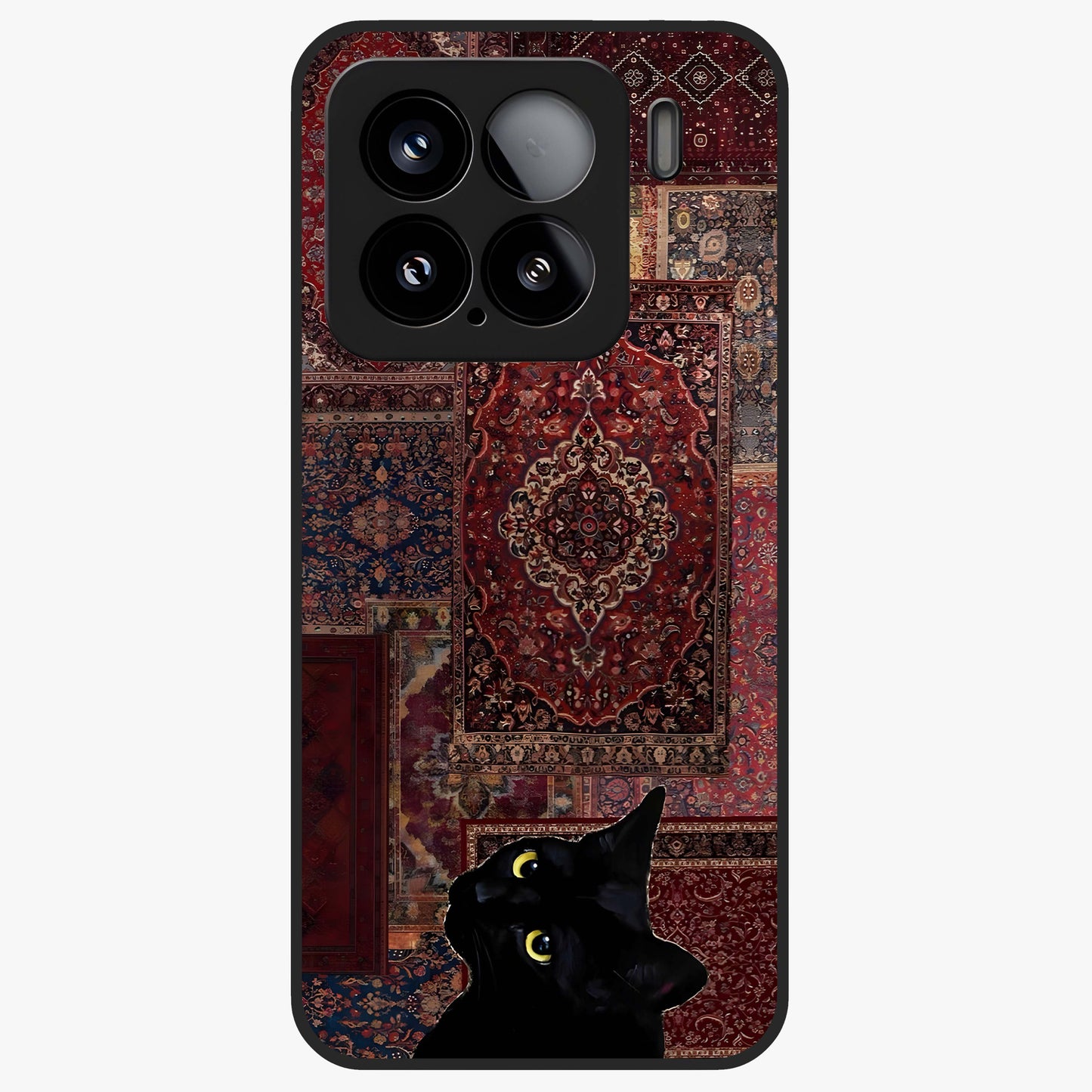 Regal Magic Cat Apple Glass Case showing flat back view with magical cat artwork holding apple and glossy glass finish.