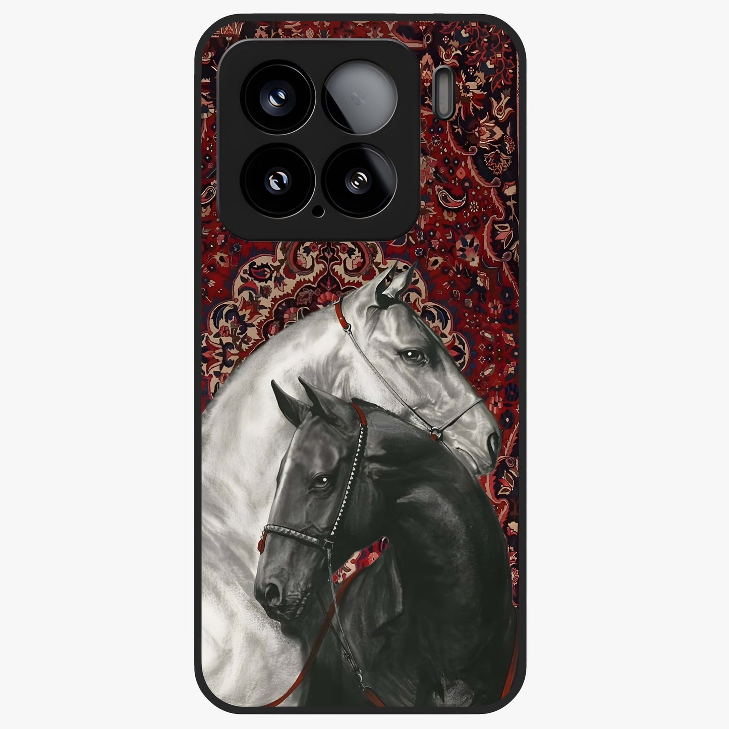 Regal Stallion Tapestry Glass Case showing flat back view with majestic horse tapestry artwork and glossy glass finish.