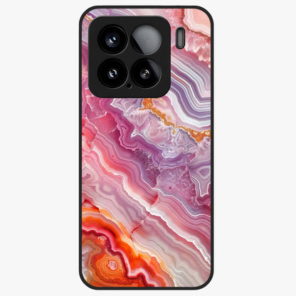 Rose Quartz Marble Glass Case showing flat back view with pink marble quartz texture artwork and glossy glass finish.