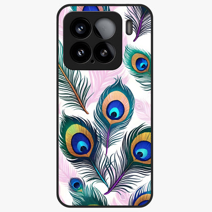 Royal Peacock Feathers Glass Case showing flat back view with colorful peacock feather artwork and glossy glass finish.