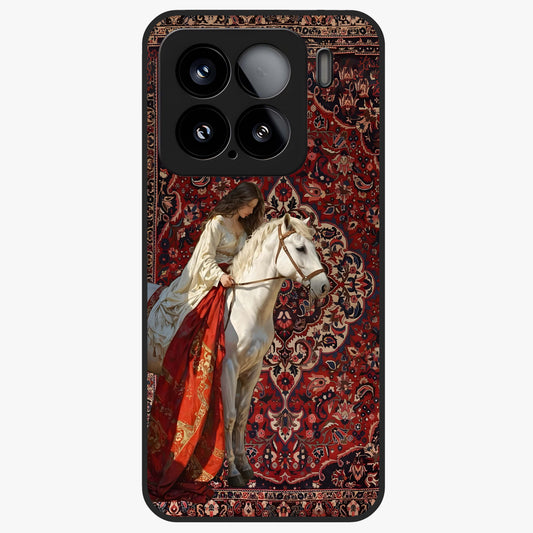 Royal Rider Tapestry Glass Case showing flat back view with majestic horse rider tapestry artwork and glossy glass finish.