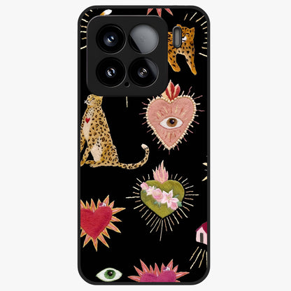 Sacred Jungle Heart Glass Case showing flat back view with jungle inspired heart artwork and glossy glass finish.