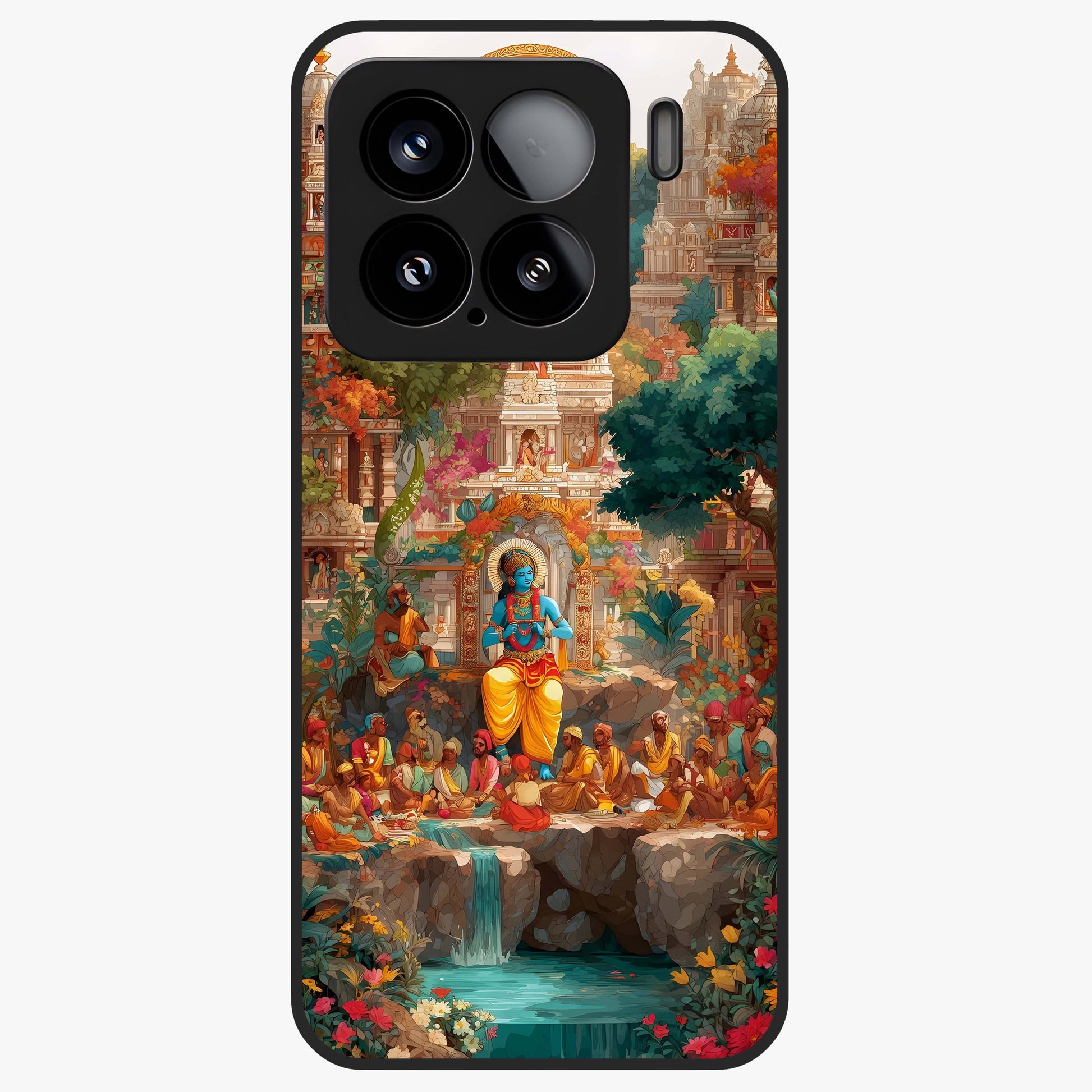 Sacred Sunlight Gods Glass Case showing flat back view with divine sunlight themed artwork and glossy glass finish.