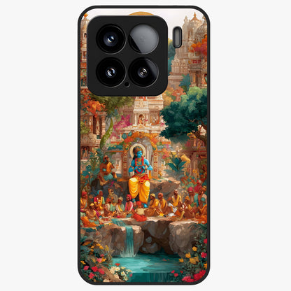 Sacred Sunlight Gods Glass Case showing flat back view with divine sunlight themed artwork and glossy glass finish.