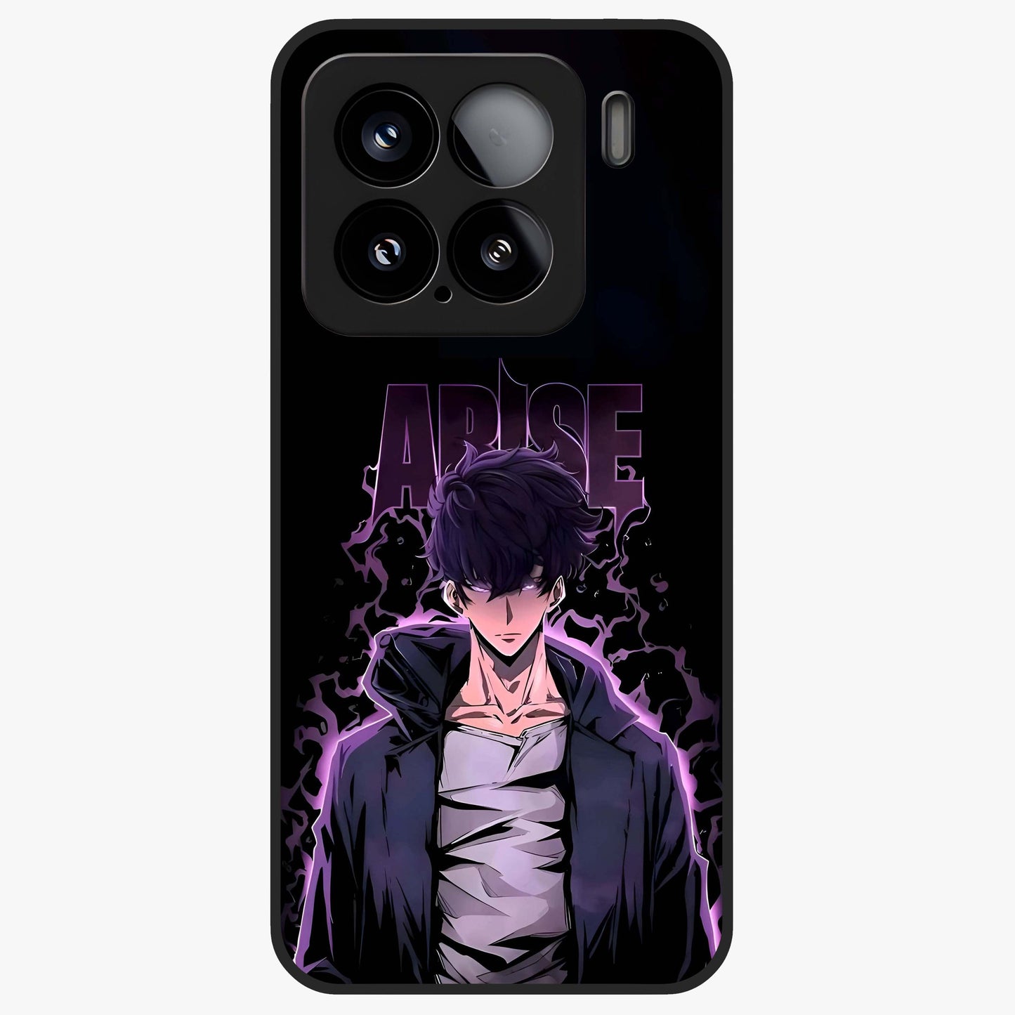 Shadow Monarch Awakening Glass Case showing flat back view with powerful dark monarch themed artwork and glossy glass finish.