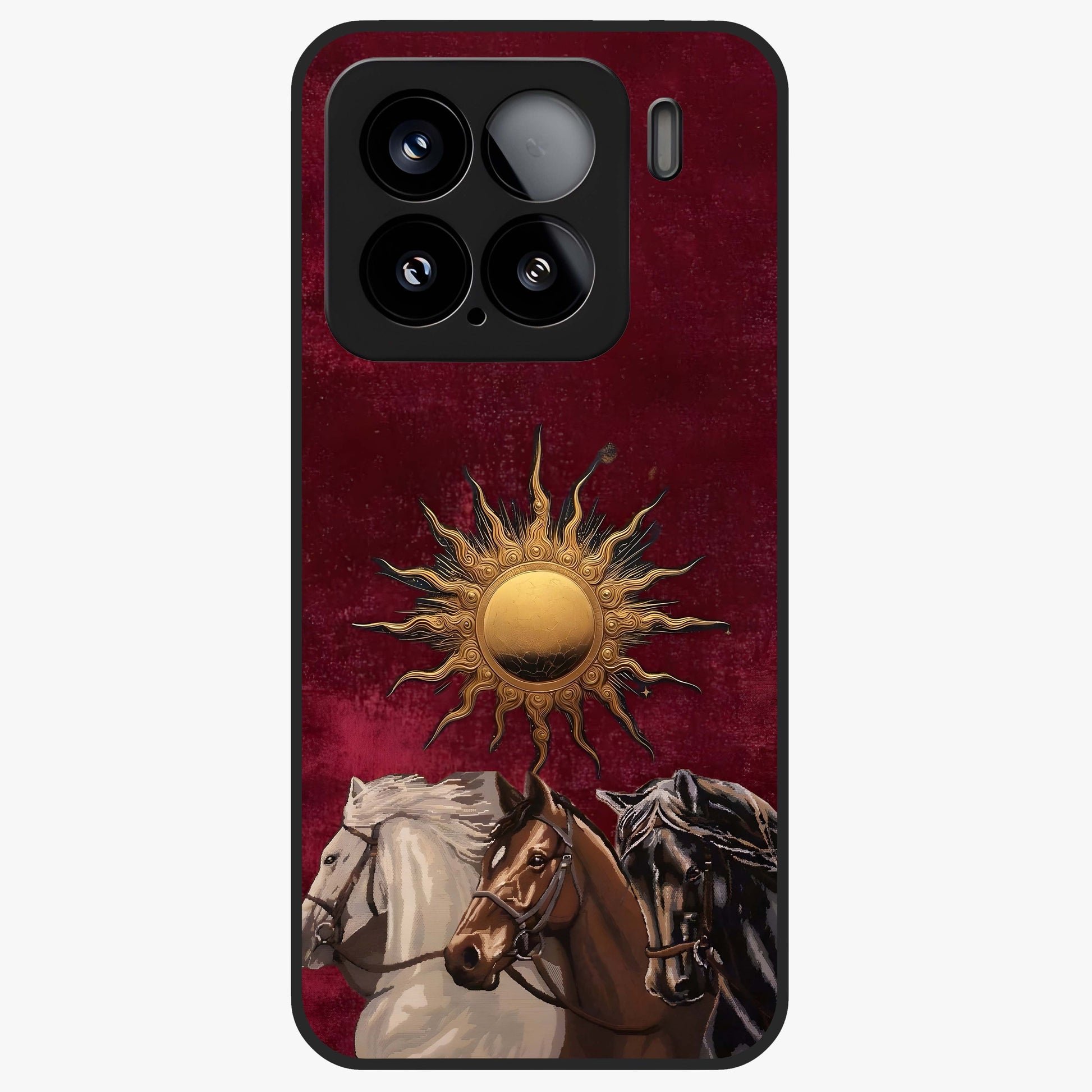 Solar Riders Glass Case showing flat back view with dynamic rider themed artwork and glossy glass finish.