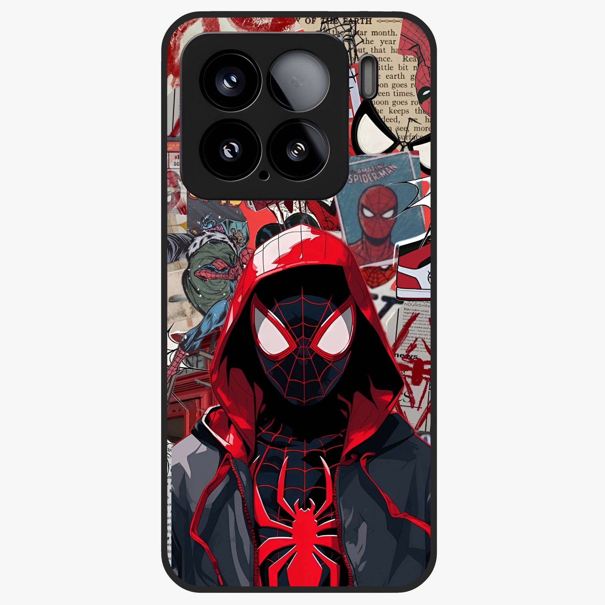 Spider Collage Street Glass Case showing flat back view with vibrant superhero collage artwork and glossy glass finish.