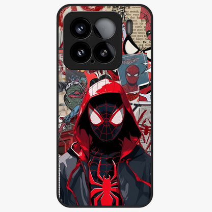 Spider Collage Street Glass Case showing flat back view with vibrant superhero collage artwork and glossy glass finish.
