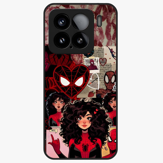 Spider Love Story Glass Case showing flat back view with romantic superhero themed artwork and glossy glass finish.