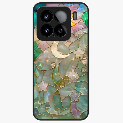 Stained Sunrise Glow Glass Case showing flat back view with glowing sunrise stained pattern artwork and glossy glass finish.