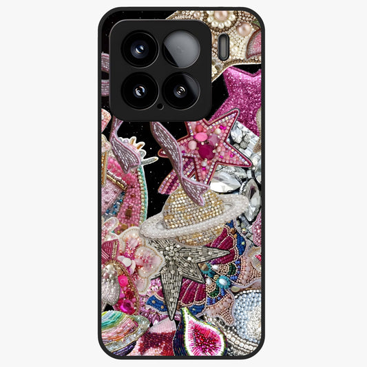 Starlit Jewel Dream Glass Case showing flat back view with sparkling jewel and star themed artwork and glossy glass finish.