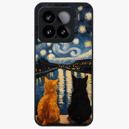 Starry River Cats Glass Case showing flat back view with cats by a starry river artwork and glossy glass finish.