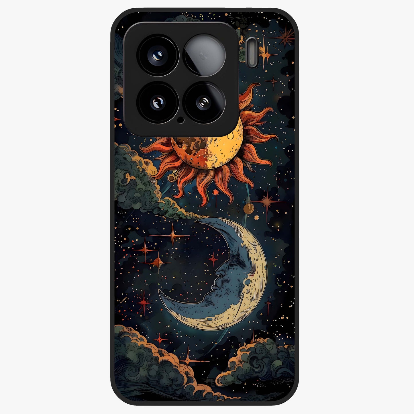 Sun And Moon Magic Design Glass Case showing flat back view with mystical sun and moon artwork and glossy glass finish.