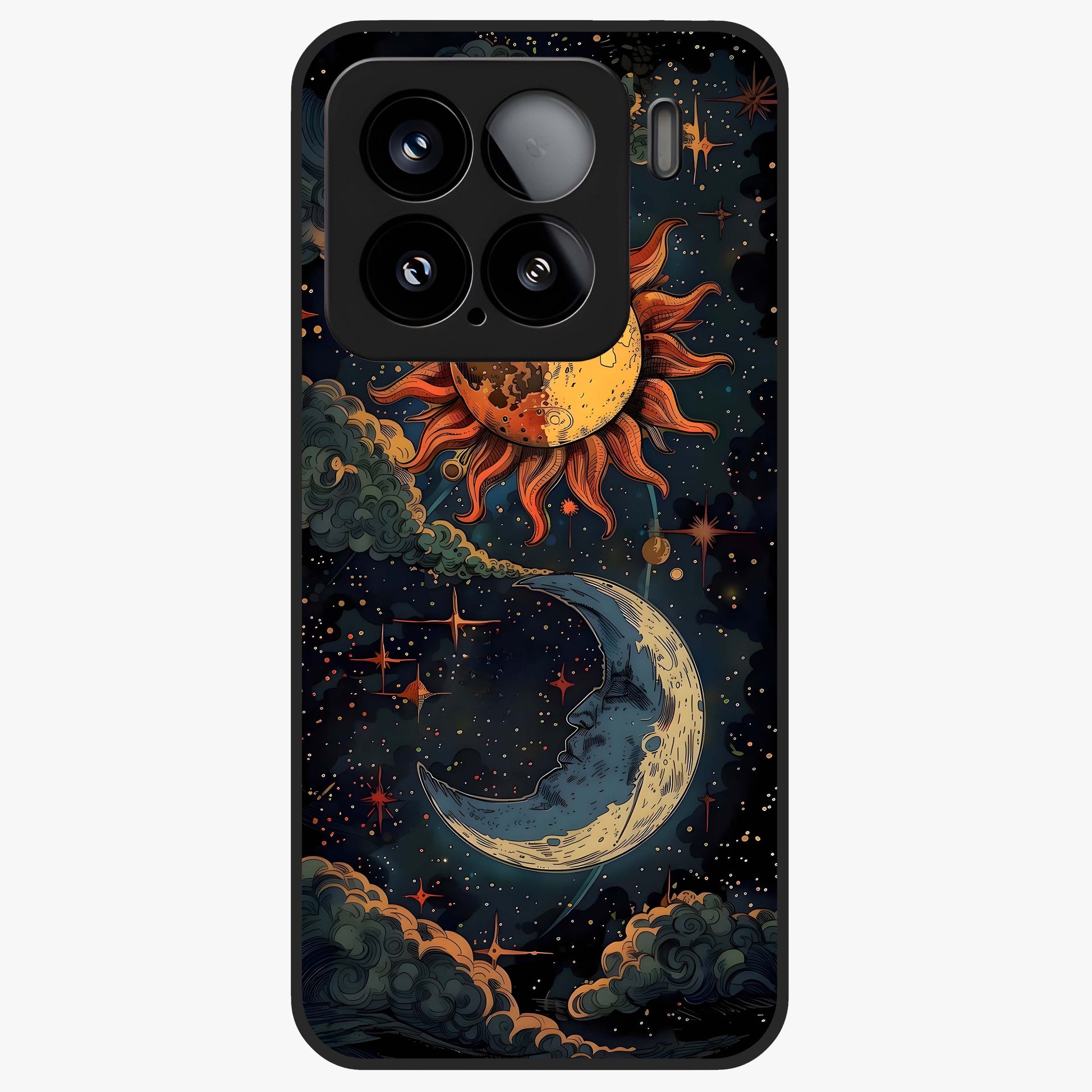 Sun And Moon Magic Design Glass Case showing flat back view with mystical sun and moon artwork and glossy glass finish.