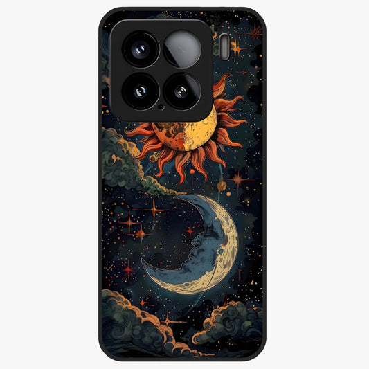 Sun And Moon Magic Design Glass Case showing flat back view with mystical sun and moon artwork and glossy glass finish.