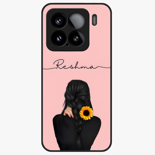 Sunflower Braid Beauty With Custom Name Glass Case showing flat back view with sunflower braid artwork and personalized name design.