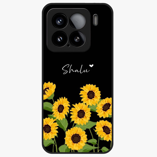 Sunflower Chic Mood Custom Name Glass Case showing flat back view with stylish sunflower artwork and personalized name design.