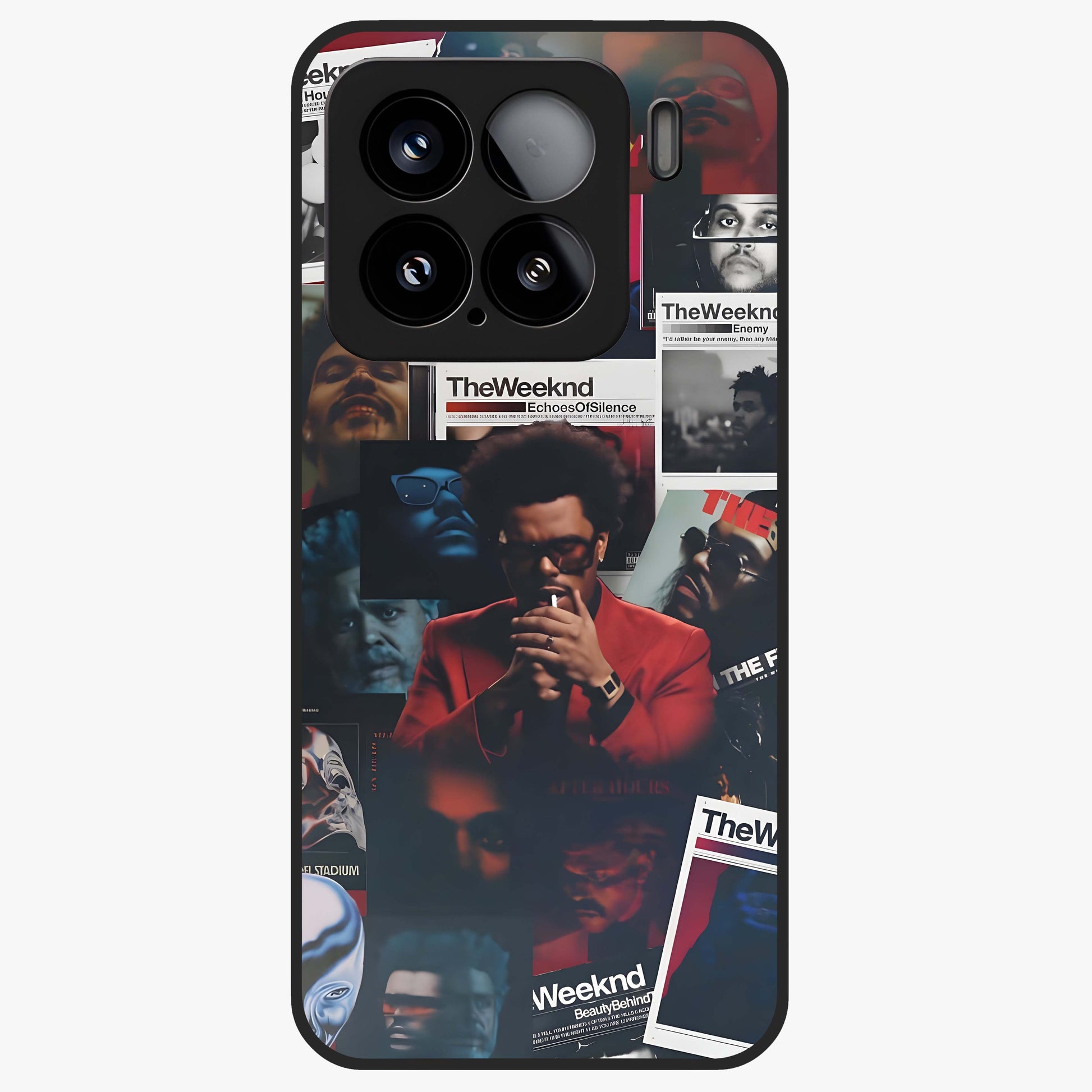The Weeknd Glass Case showing flat back view with music inspired artistic portrait artwork and glossy glass finish.