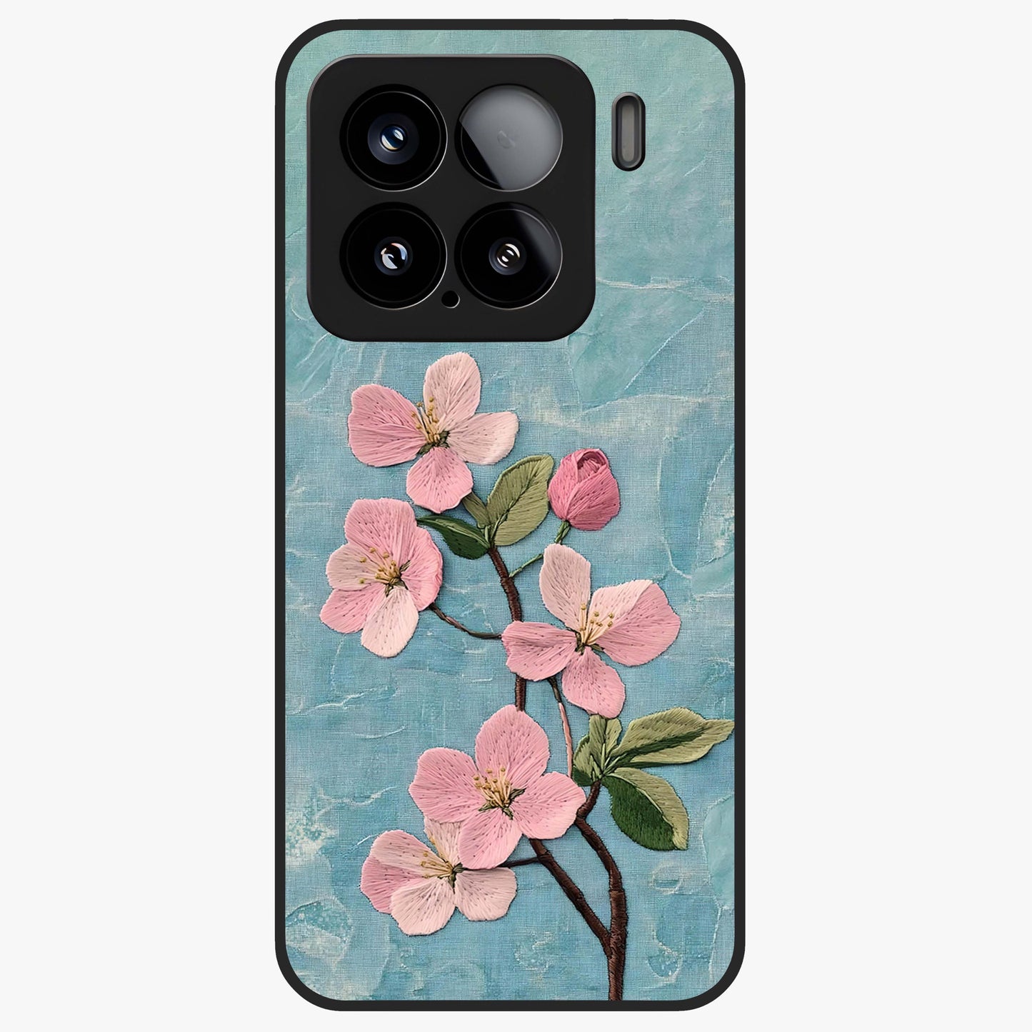 Threaded Blossom Breeze Glass Case showing flat back view with delicate blossom artwork and glossy glass finish.
